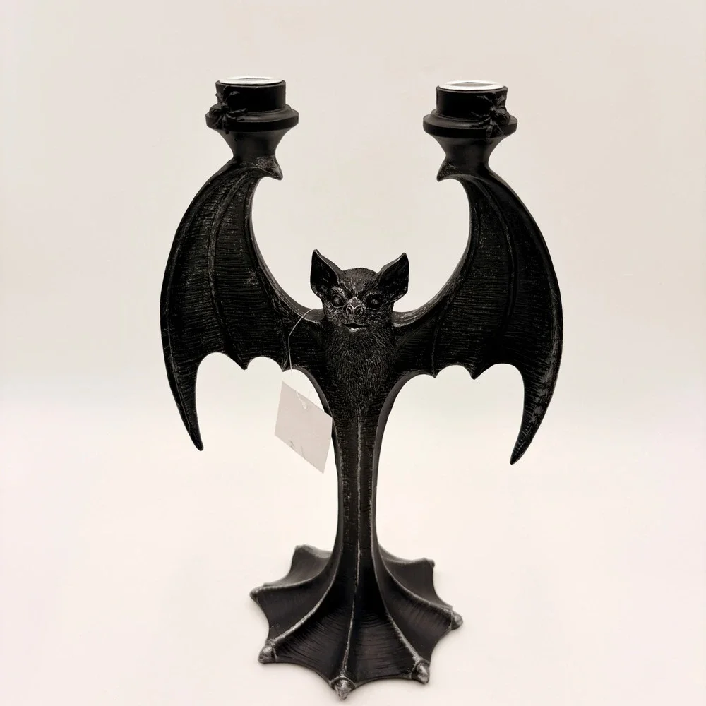 Gothic Bat Candelabra Double Taper Candle Holder Black Silver Halloween Decor